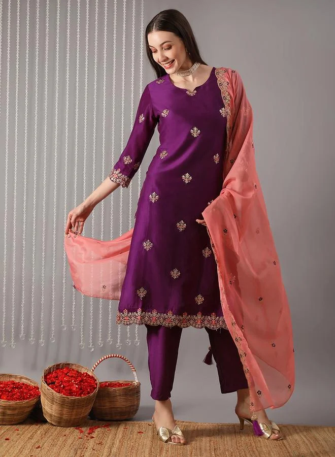 globus Women Purple Floral Embroidered Straight Kurta with Pant and Contrast Dupatta Set